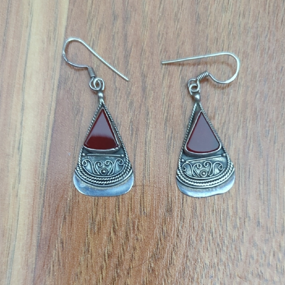 Handcrafted Silver-Tone Red Teardrop Dangle Earrings